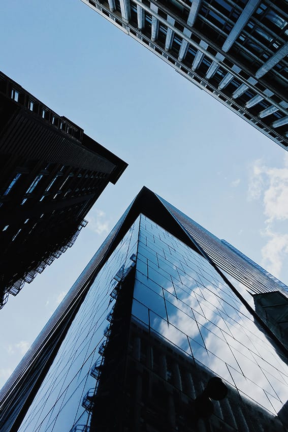 A modern building with a striking architectural design